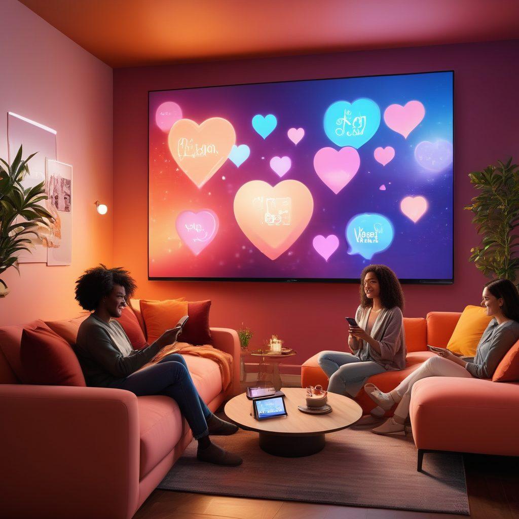 A warm and inviting virtual living room scene where diverse individuals connect through their devices, smiling and laughing together. Soft, glowing screens display their live streaming interactions, illustrating virtual friendships flourishing. Colorful digital hearts and chat bubbles float around the screen, symbolizing connection and community. The background features elements of technology and comfort to enhance the digital love vibe. vibrant colors. cozy atmosphere. minimalistic design.