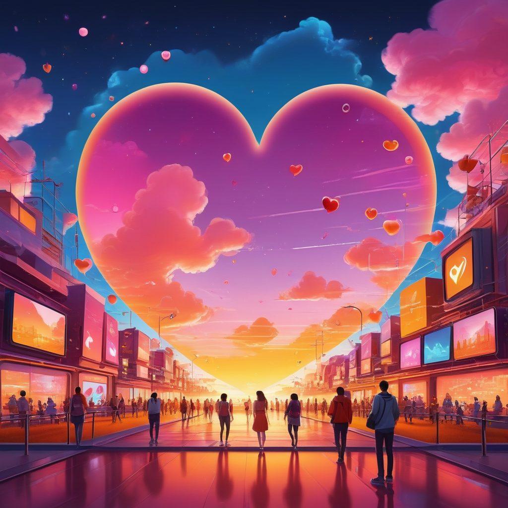 A vibrant digital canvas depicting diverse people engaging in a virtual community, with glowing screens and heart symbols connecting them. Include elements like emojis, chat bubbles, and avatars representing different cultures. The background should be a warm blend of colors symbolizing friendship and connection, while hints of technology, such as circuits and clouds, suggest a digital atmosphere. bright colors. modern illustration.