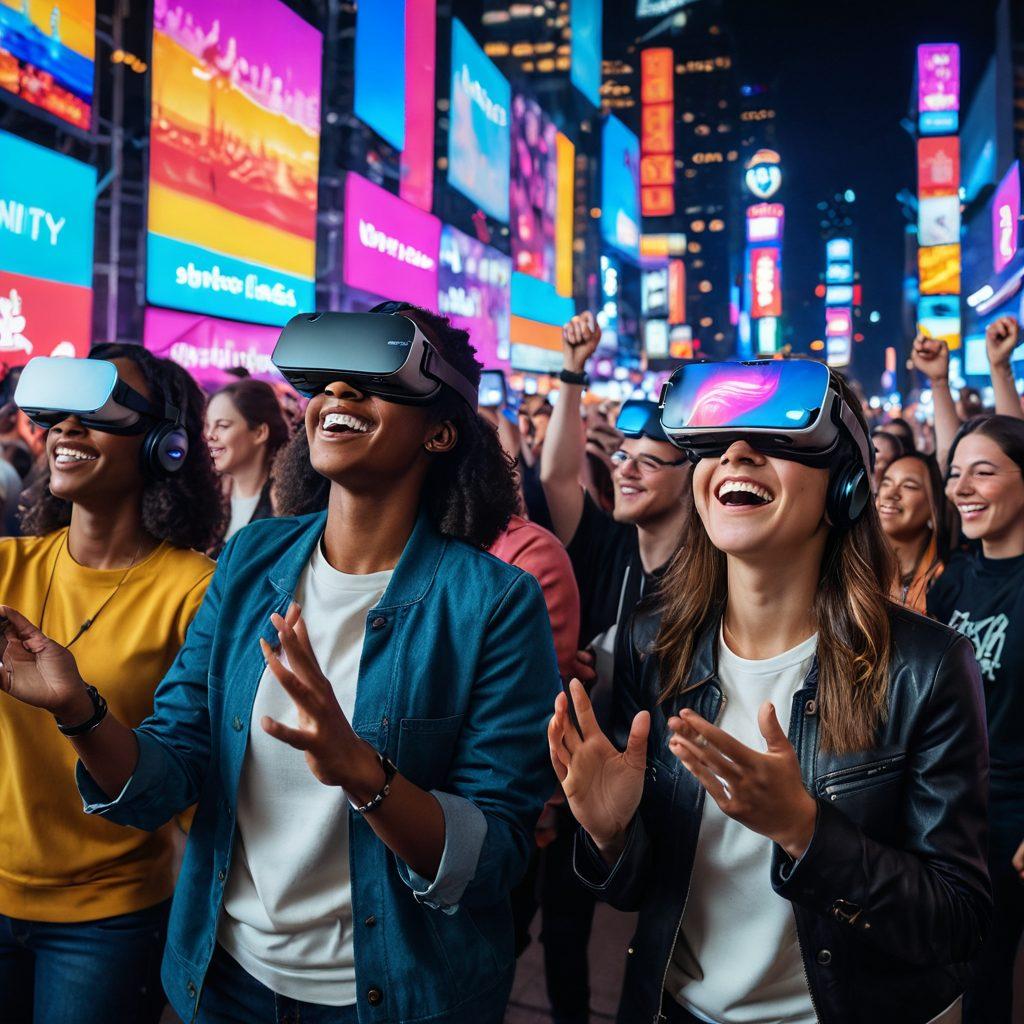 A vibrant scene depicting a diverse group of people interacting during a live digital event, surrounded by glowing screens and virtual reality headsets. People are smiling, engaging, and sharing moments together, symbolizing unity and digital love. The background features a colorful digital city skyline illuminated with neon lights, showcasing connectivity and togetherness. super-realistic. vibrant colors.